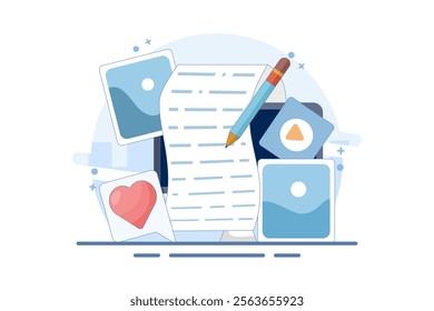 Post concept for web page, Blogger, Blog content, Blogging, banner, presentation, social media, document, card, poster. Commercial blog post, Internet, Make You Satisfied. Flat vector illustration.