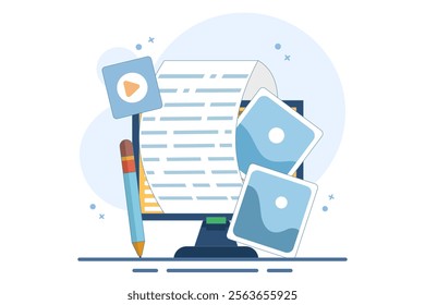 Post concept for web page, Blogger, Blog content, Blogging, banner, presentation, social media, document, card, poster. Commercial blog post, Internet, Make You Satisfied. Flat vector illustration.