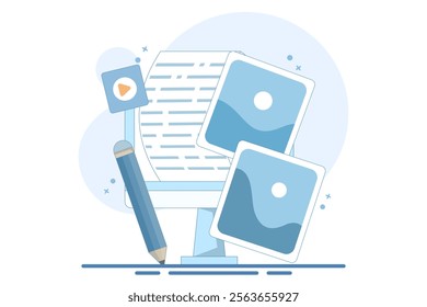 Post concept for web page, Blogger, Blog content, Blogging, banner, presentation, social media, document, card, poster. Commercial blog post, Internet, Make You Satisfied. Flat vector illustration.