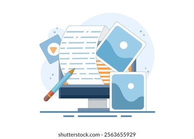 Post concept for web page, Blogger, Blog content, Blogging, banner, presentation, social media, document, card, poster. Commercial blog post, Internet, Make You Satisfied. Flat vector illustration.