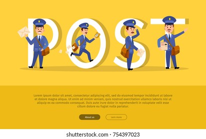 Post conceptual web banner with cartoon postman characters. Funny postal couriers delivering letters and parcels flat vector illustration. Horizontal concept with mailman for mail service landing page