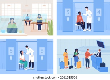 Post Covid Safety Flat Color Vector Illustration Set. Office Protection. Doctor Checking Patient. Airport Safety. People In Facial Masks 2D Cartoon Characters With Interiors On Background Collection