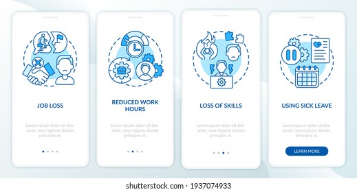 Post covid syndrome and employment onboarding mobile app page screen with concepts. Using sick keave walkthrough 5 steps graphic instructions. UI vector template with RGB color illustrations