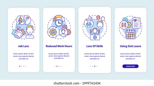 Post covid syndrome and employment onboarding mobile app page screen with concepts. Working in home walkthrough 4 steps graphic instructions. UI vector template with RGB color illustrations