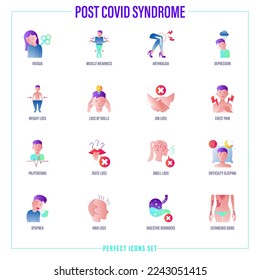 Post covid syndrome flat gradient icons set. Fatigue, muscle weakness, weight loss, insomnia, dyspnea, loss of skills, digestive disorders, arthralgia, hair loss. Vector illustration