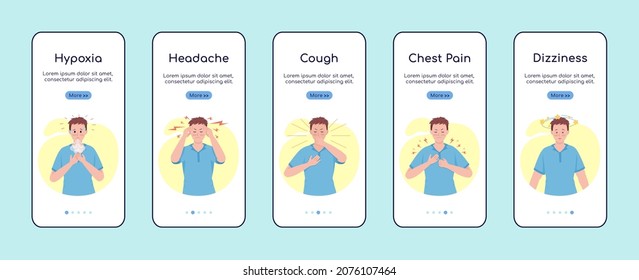 Post covid syndrome symptoms onboarding mobile app screen flat vector template. Walkthrough website 5 steps with characters. Creative UX, UI, GUI smartphone cartoon interface, case prints set