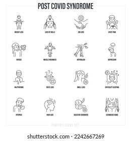 Syndrom der Postcovid-Syndrom dünne Linie Symbole gesetzt. Müdigkeit, Muskelschwäche, Gewichtsverlust, Geruch- und Geschmacksverlust, Schlaflosigkeit, Dyspnoe, Qualifikationsverlust, Verdauungsstörungen, Arthralgie, Haarausfall. Vektorgrafik