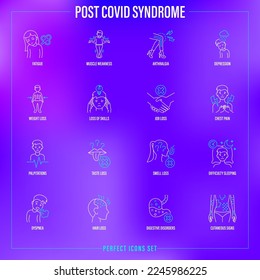 Post covid syndrome thin line icons set. Fatigue, muscle weakness, weight loss, smell and taste loss, insomnia, dyspnea, loss of skills, digestive disorders, arthralgia, hair loss. Vector illustration