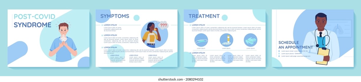 Plantilla de folleto para el tratamiento de los vectores planos del síndrome post-covid. Volante, folleto, diseño de folletos imprimibles con ilustraciones planas. Página de la revista, informes de caricatura, afiches infográficos con espacio de texto