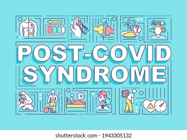 Post covid syndrome word concepts banner. Treating results of corona virus. Infographics with linear icons on blue background. Isolated typography. Vector outline RGB color illustration