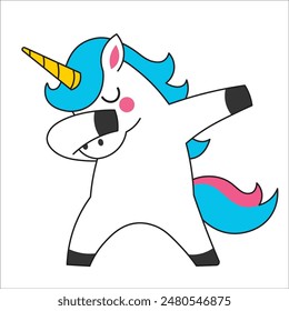 Post de un lindo unicornio de dibujos animados dabbing. sobre fondo blanco Ilustración vectorial, baile de pony, para pascua o textil de los niños, tela, ropa de los niños