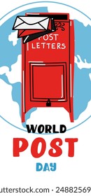 Anuncio del día del correo con la Ilustración vectorial del diseño del buzón del poste, día del poste mundial. Día Mundial del Correo. Anuncio de Vertical para las vacaciones. El buzón rojo acepta correo, cartas, paquetes en el mapa de la tierra