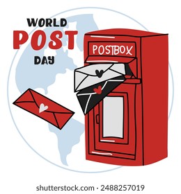 Post Day banner with post box mail box design vector illustration, World Post Day. World Mail Day. Square banner for the holiday. The red mailbox accepts mail, letters, parcels on the earth map, white