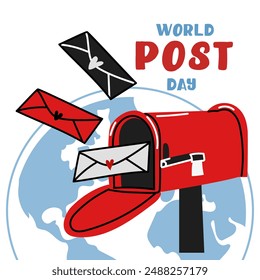 Post Day banner with post box mail box design vector illustration, World Post Day. World Mail Day. A square banner for the holiday. The red mailbox accepts mail, letters, parcels on the blue earth map
