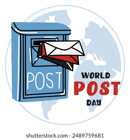 Post Day banner with post box mail box design vector illustration, World Post Day. World Mail Day. Square banner for the holiday. Blue mailbox accepts mail, letters, parcels on the earth map, white