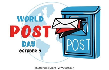 Post Day banner with post box mail box design vector illustration, World Post Day. World Mail Day. Horizontal banner for the holiday. The blue mailbox accepts mail, parcels on the background earth map