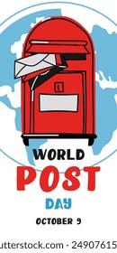 Post Day banner with post box mail box design vector illustration, World Post Day. World Mail Day. A vertical banner for the holiday. Red mailbox accepts mail, letters, parcels on the earth map blue