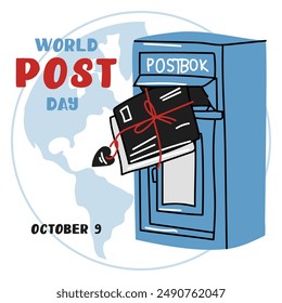 Post Day banner with post box mail box design vector illustration, World Post Day. World Mail Day. A square banner for the holiday. The blue mailbox accepts mail, letters, parcels on earth map