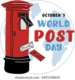 Post Day banner with post box mail box design vector illustration, World Post Day. World Mail Day. Square banner for the holiday. The red mailbox accepts mail, letters, parcels, white, blue earth map