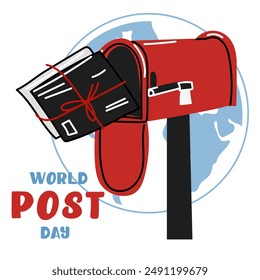 Post Day banner with post box mail box design vector illustration, World Post Day. World Mail Day. Square banner for the holiday. Red mailbox accepts mail, letters, parcels on the blue earth map