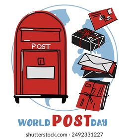 Post Day banner with post box mail box design vector illustration, World Post Day. World Mail Day. Square banner for the holiday. The red mailbox accepts mail, letters, parcels on the blue earth map