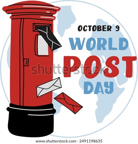 Post Day banner with post box mail box design vector illustration, World Post Day. World Mail Day. Square banner for the holiday. The red mailbox accepts mail, letters, parcels, white, blue earth map