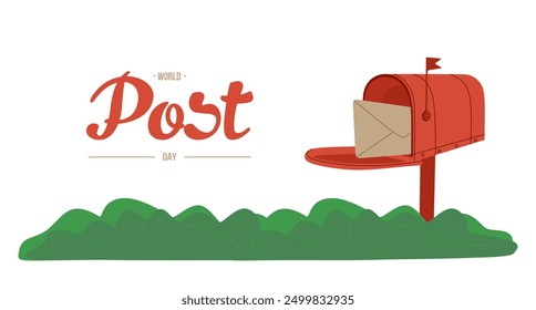 Post Day horizontal banner with post box mail box on green grass. World Post Day. Holiday poster design isolated. Open mailbox with an envelope. Postal letterbox. Colored flat vector illustration