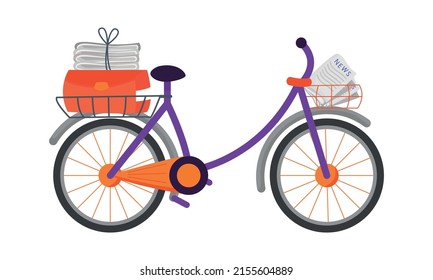 Post delivery bicycle semi flat color vector element. Full sized object on white. Newspapers delivery. Postman transport simple cartoon style illustration for web graphic design and animation