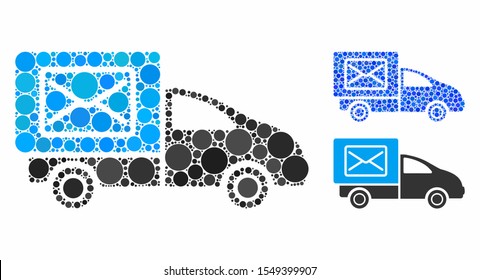 Post delivery car composition of small circles in different sizes and color tinges, based on post delivery car icon. Vector random circles are composed into blue composition.