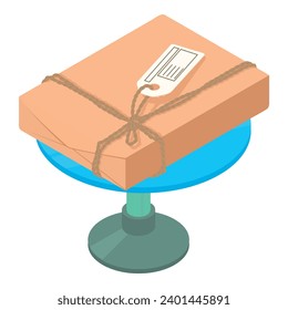 Post delivery icon isometric vector. Closed parcel box on round blue table icon. Post transportation, delivery concept