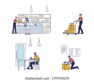 Post delivery and mailing set with couriers and postal clients send parcels and letters and delivery men shipping boxes for transportation. Characters isolated. Linear vector illustration