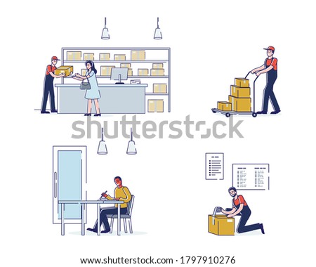 Post delivery and mailing set with couriers and postal clients send parcels and letters and delivery men shipping boxes for transportation. Characters isolated. Linear vector illustration