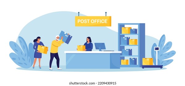 Post delivery office. Postman giving parcel to customer in postal department. Man and woman stand in queue on reception desk with worker giving mail package. Correspondence delivery service, postage