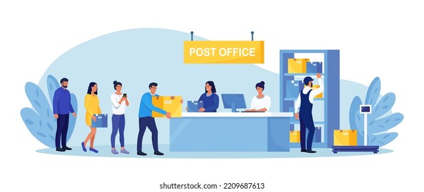 Post delivery office. Postman giving parcel to customer in postal department. People stand in queue on reception desk with postal worker giving mail package. Correspondence delivery service, postage