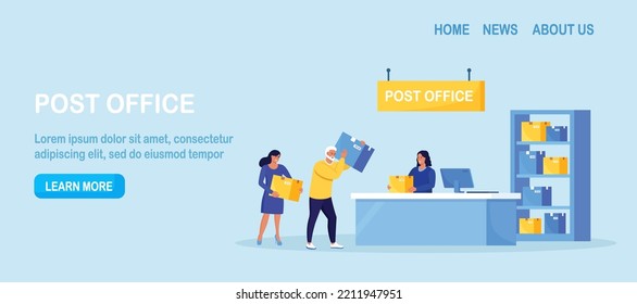 Post delivery office. Postman giving parcel to customer in postal department. Man and woman stand in queue on reception desk with worker giving mail package. Correspondence delivery service, postage