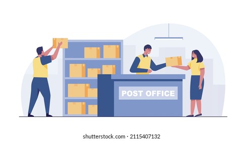 Post delivery office. Postmen, courier with truck and people with boxes and letters in post reception, order receiving or parcel.