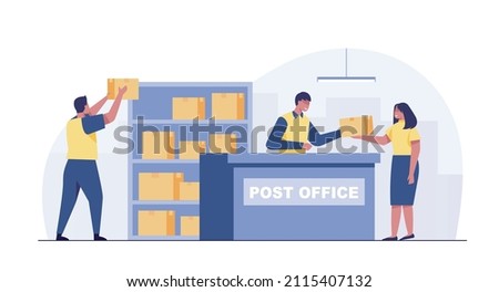 Post delivery office. Postmen, courier with truck and people with boxes and letters in post reception, order receiving or parcel.