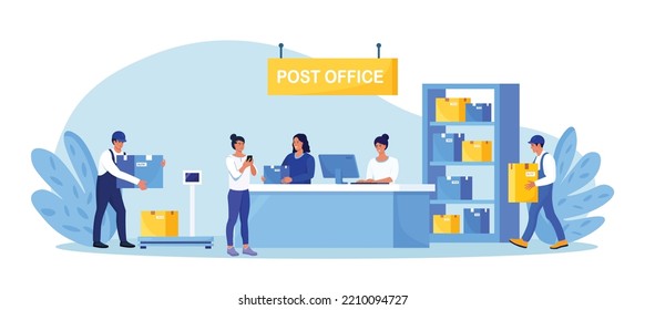 Post delivery office with reception desk. Postman giving cardboard box to customer in post department. Postal worker, courier carrying boxes. Parcel shipping, correspondence delivery, logistic service