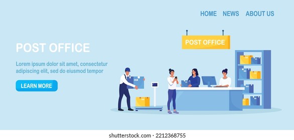 Post delivery office with reception desk. Postman giving cardboard box to customer in post department. Postal worker, courier carrying boxes. Parcel shipping, correspondence delivery, logistic service