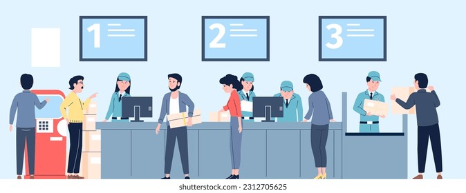 Post delivery office and visitors with letters and parcels. Letter order, postal service and workers behind desk. Waiting line recent vector characters