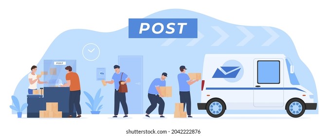 Post delivery process customer service vector flat cartoon illustration. Man and woman employee of postal office working as team. Postman carrying envelope, unload van full of cardboard, issue parcel