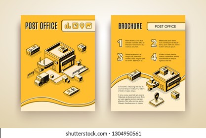 Post Or Delivery Service, Business Logistics Company Isometric Vector Advertising Brochure, Promotion Booklet Pages Template. Mail Truck Neal Postal Office, Tracking Parcel Boxes Online Illustration