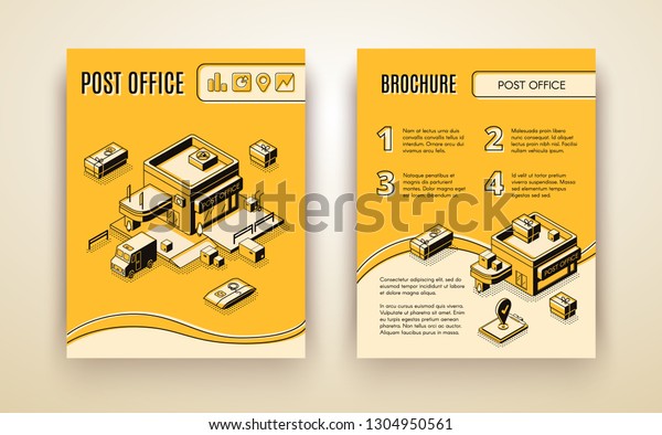 Post or delivery service, business logistics\
company isometric vector advertising brochure, promotion booklet\
pages template. Mail truck neal postal office, tracking parcel\
boxes online illustration