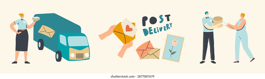 Post Delivery Service. Couriers or Postman Characters Bringing Parcels to Customers on Truck. Surprise, Congratulation with Holidays. Anniversary or Romantic Date. Linear People Vector Illustration