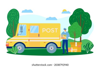 Post delivery service, vector illustration, man courier character stand near car transport, fast mail and package parcel shipping.