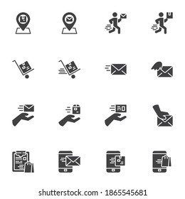 Post delivery vector icons set, modern solid symbol collection, filled style pictogram pack. Signs, logo illustration. Set includes icons as courier delivery box, email, cargo shipping, online message