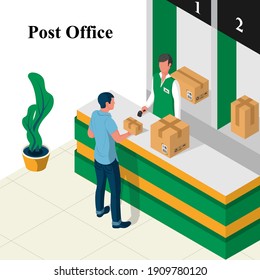 Post department, service. A man came for a delivered purchase, a parcel. Isometry. Vector illustration. 