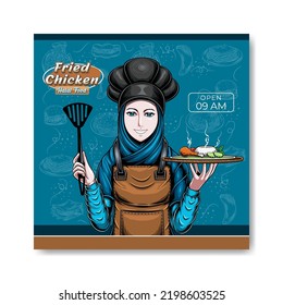 diseño de postales para restaurante halal con ilustración del camarero

