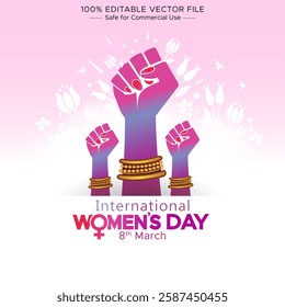 Post design for international women's day. Women Raised Hands with female sign symbols and flowers on a pink background.