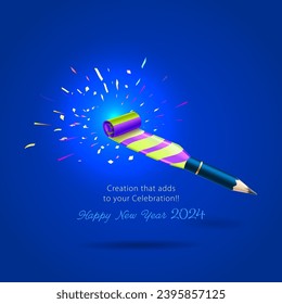 Post design for new year wishing. Funny Foil whistle horn or noise maker with pencil for cheer.